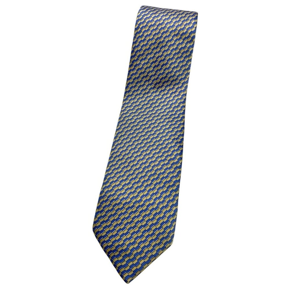 ZILLI Men's 100% Silk Necktie LUXURY Tie XL Yellow Blue Geometric W:3.7" EUC